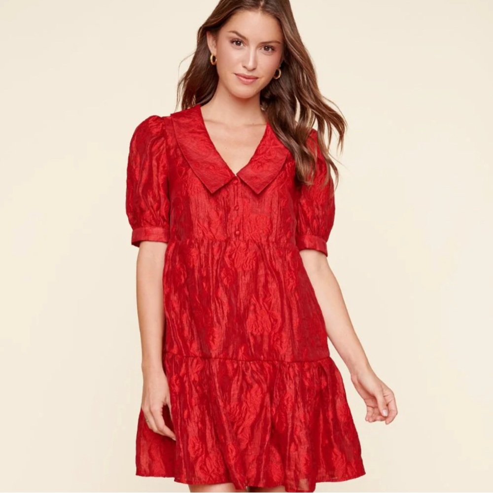 sugarlips embossed puffed sleeve red dress